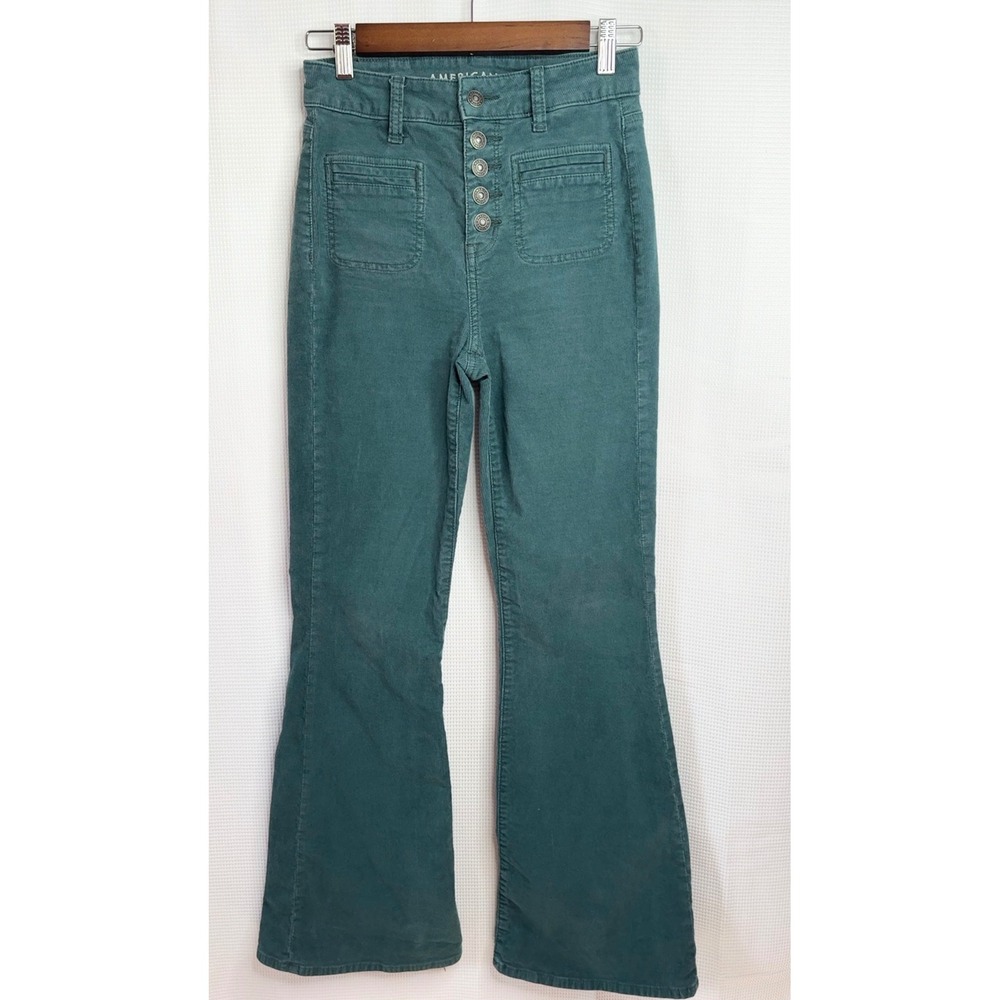 American Eagle Super Hi-Rise Flare Corduroy Pants Green Size 0 Button Fly